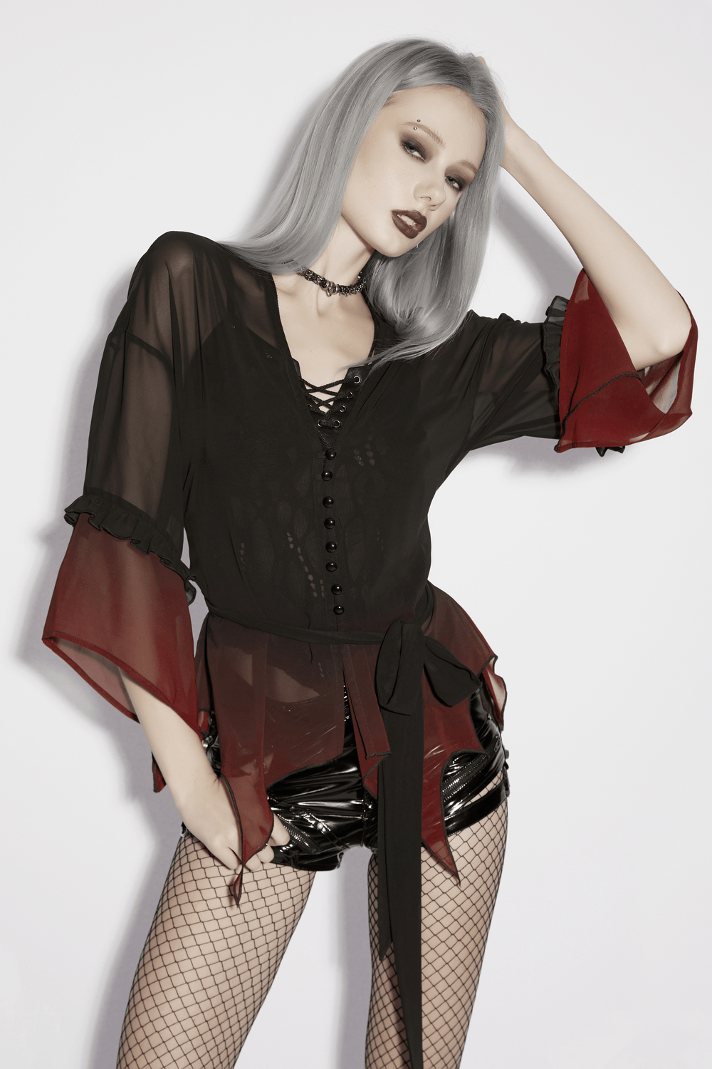 Alt Tag: Female Gothic Gradient Chiffon Tie Waist Cover Up sheer goth cape top with irregular hem, drawstring front, and waist tie on model