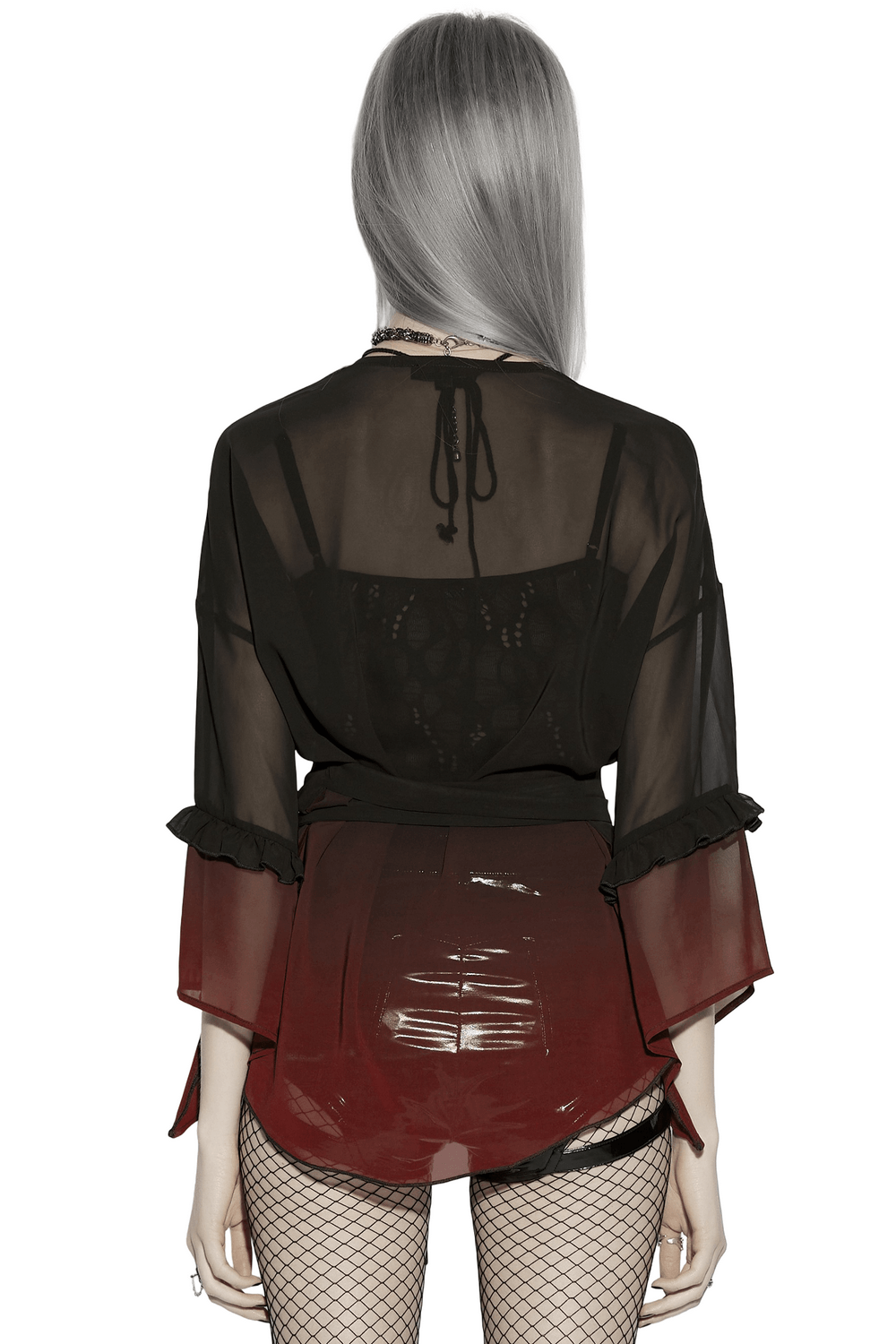 Female Gothic Gradient Chiffon Tie Waist Cover Up back view sheer chiffon cape top with tie waist and irregular hem goth sun protection layer