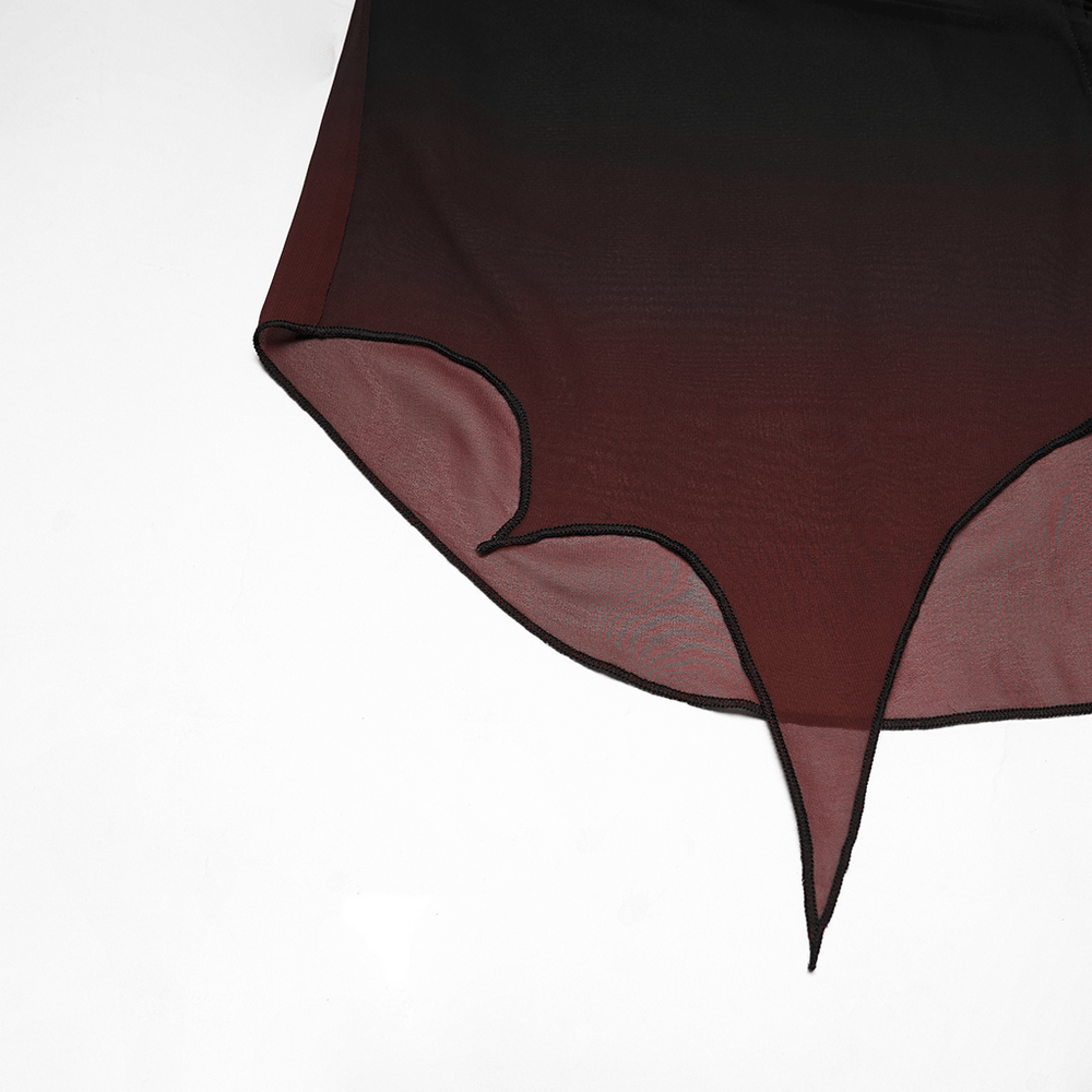 Alt Tag: Female Gothic Gradient Chiffon Tie Waist Cover Up close-up of irregular hem sheer gradient chiffon cape, lightweight goth sun protection cover-up