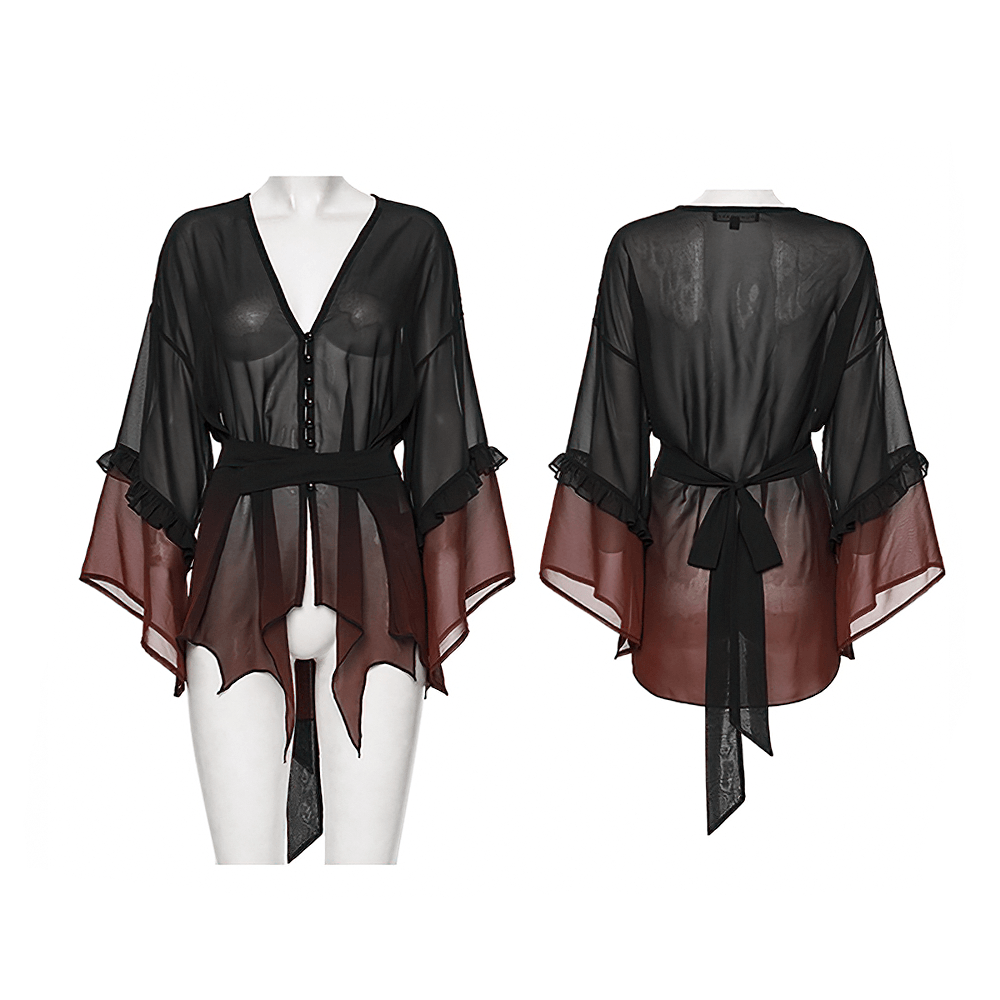 Alt Tag: Female Gothic Gradient Chiffon Tie Waist Cover Up sheer black-to-burgundy chiffon cape, irregular hem, tie waist, front and back view