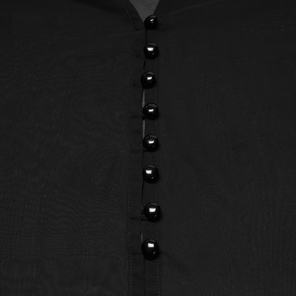 Alt Tag: Female Gothic Gradient Chiffon Tie Waist Cover Up close-up of black chiffon front button placket, sleek goth sun-protection cape detail