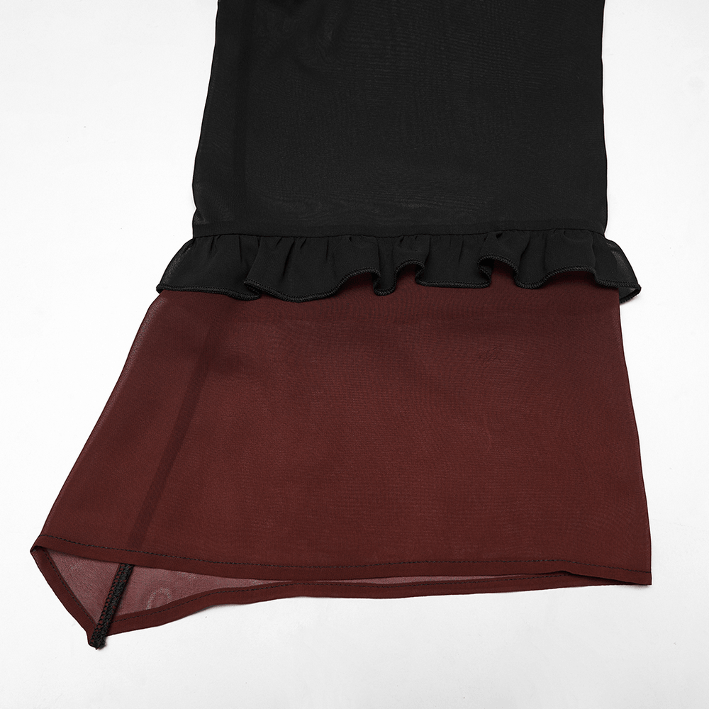Alt Tag: Female Gothic Gradient Chiffon Tie Waist Cover Up with irregular hem and ruffle detail, goth loose sun protection cape close-up
