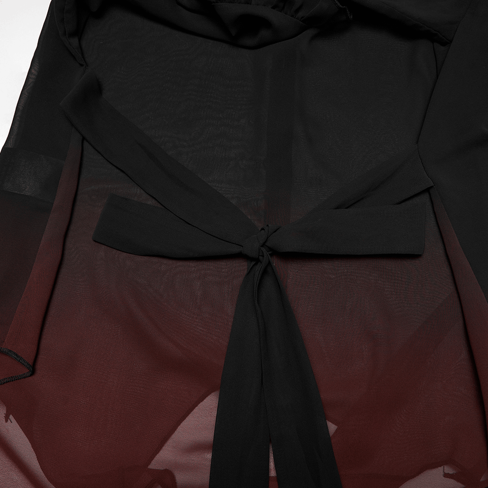 Alt Tag: Female Gothic Gradient Chiffon Tie Waist Cover Up with sheer gradient chiffon, tie waist bow, irregular hem sun protection cape detail