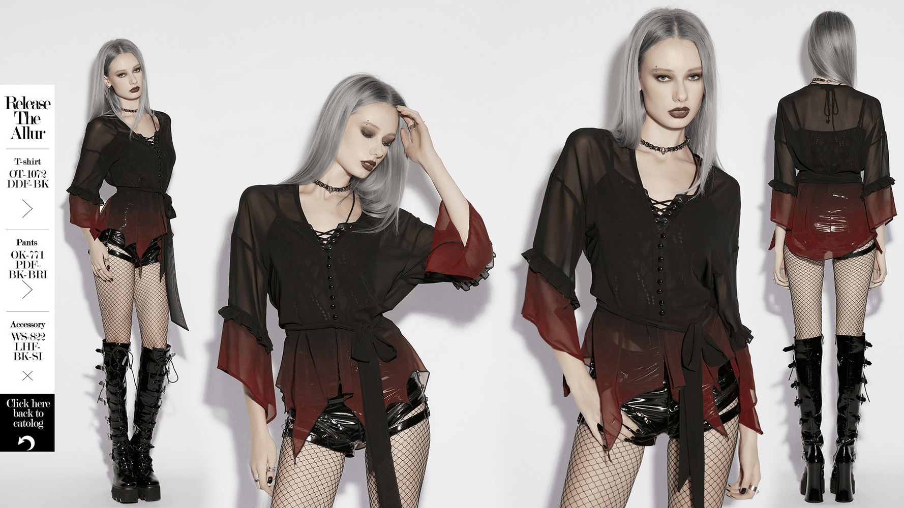 Alt Tag: Female Gothic Gradient Chiffon Tie Waist Cover Up on model, goth gradient chiffon cape with tie waist and irregular hem, edgy sun cover-up vibe