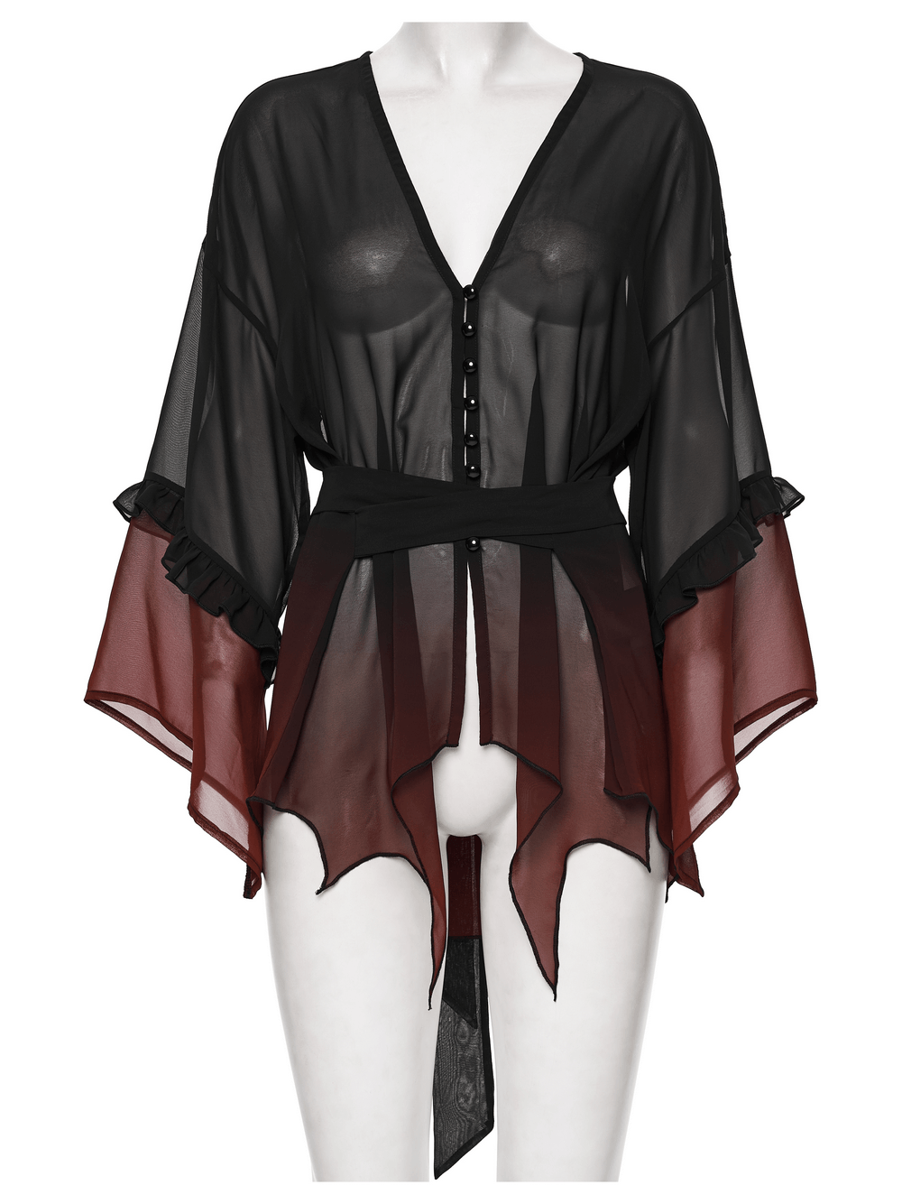 Female Gothic Gradient Chiffon Tie Waist Cover Up sheer goth cape top with tie waist, gradient chiffon sleeves, irregular hem, sun protection
