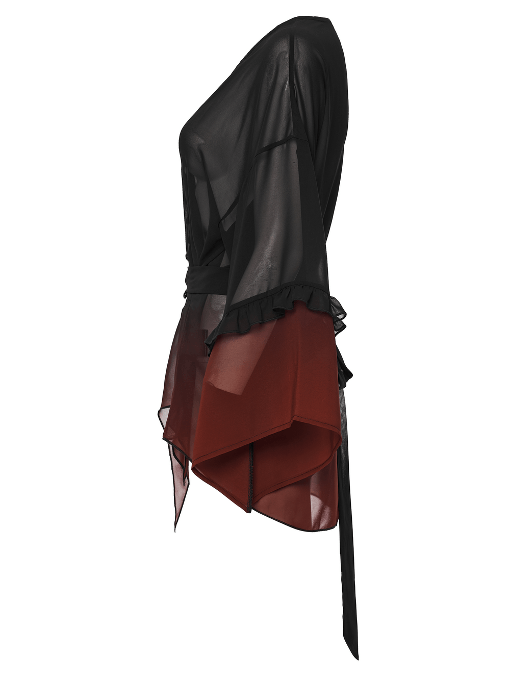 Female Gothic Gradient Chiffon Tie Waist Cover Up with tie waist, sheer chiffon cape, irregular hem, black-to-red gradient side view