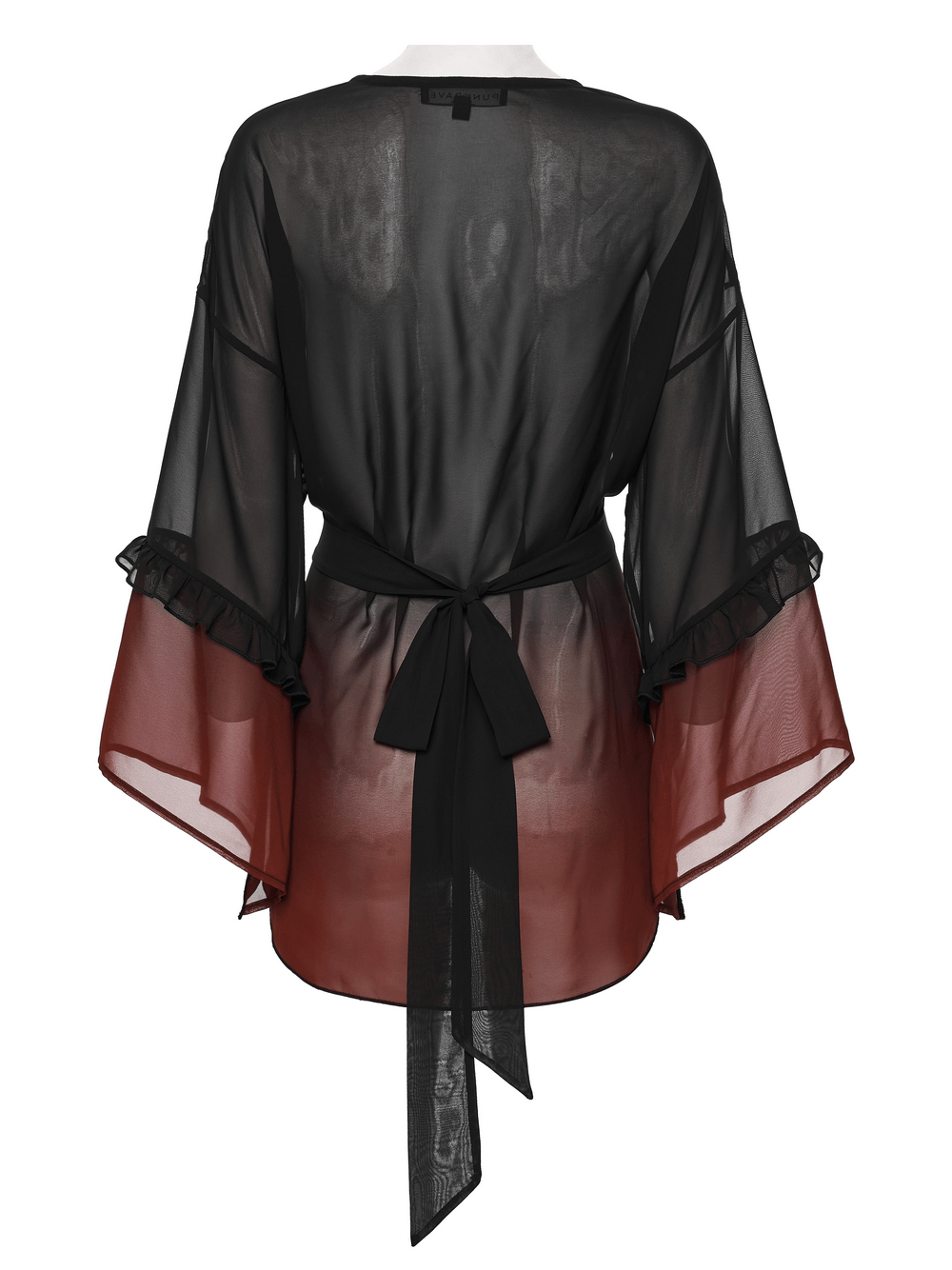 Alt Tag: Female Gothic Gradient Chiffon Tie Waist Cover Up sheer black-to-red chiffon cape with tie waist, irregular hem, and ruffle sleeves