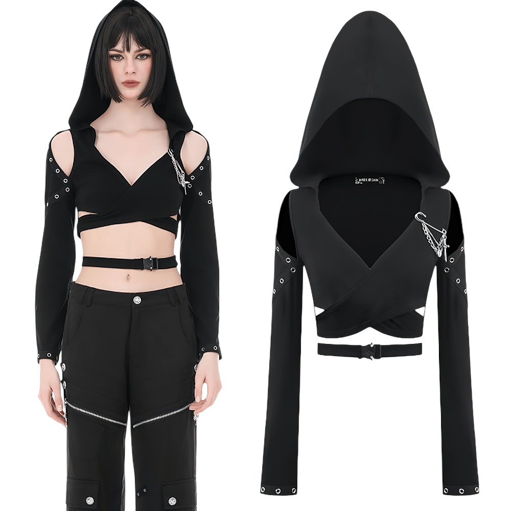 Female Gothic Hooded Crop Top with Chain and Buckle Detail on model showcasing oversized hood and eyelet accents.