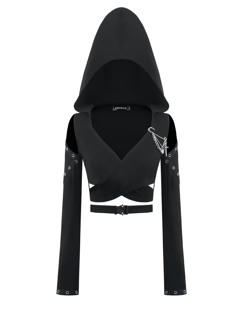 Female Gothic Hooded Crop Top with Chain and Buckle Detail featuring oversized hood and eyelet accents.