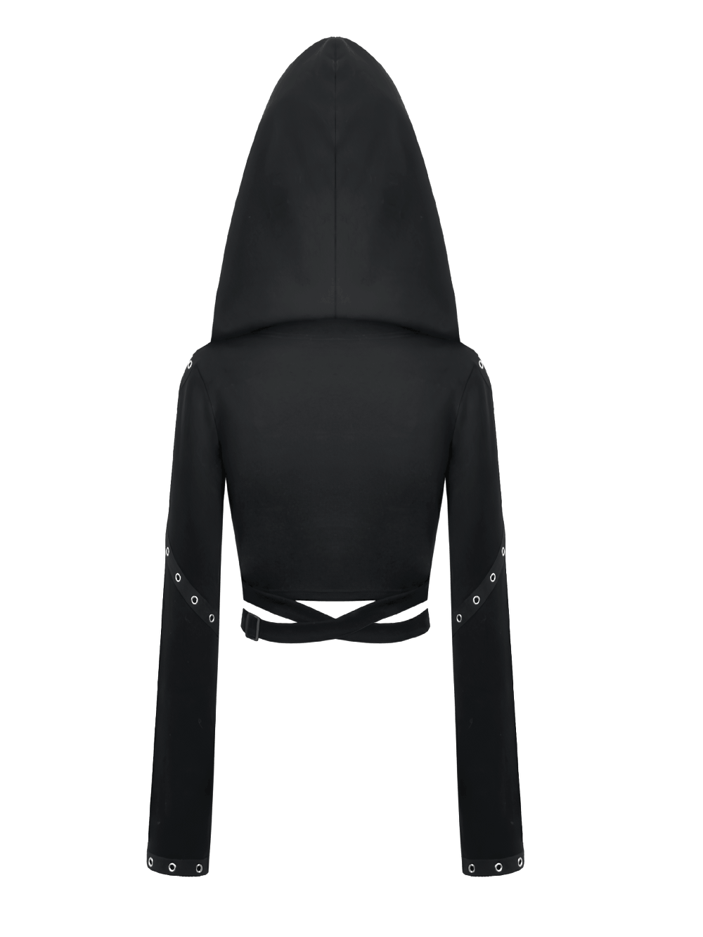 Female Gothic Hooded Crop Top with Chain and Buckle Detail, showing dramatic oversized hood and eyelet accents.