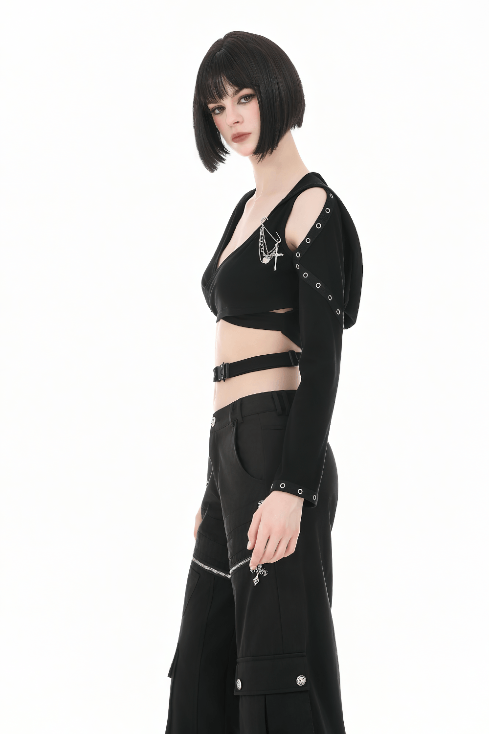 Female Gothic Hooded Crop Top with Chain and Buckle Detail worn by a model, showcasing darkwear style.