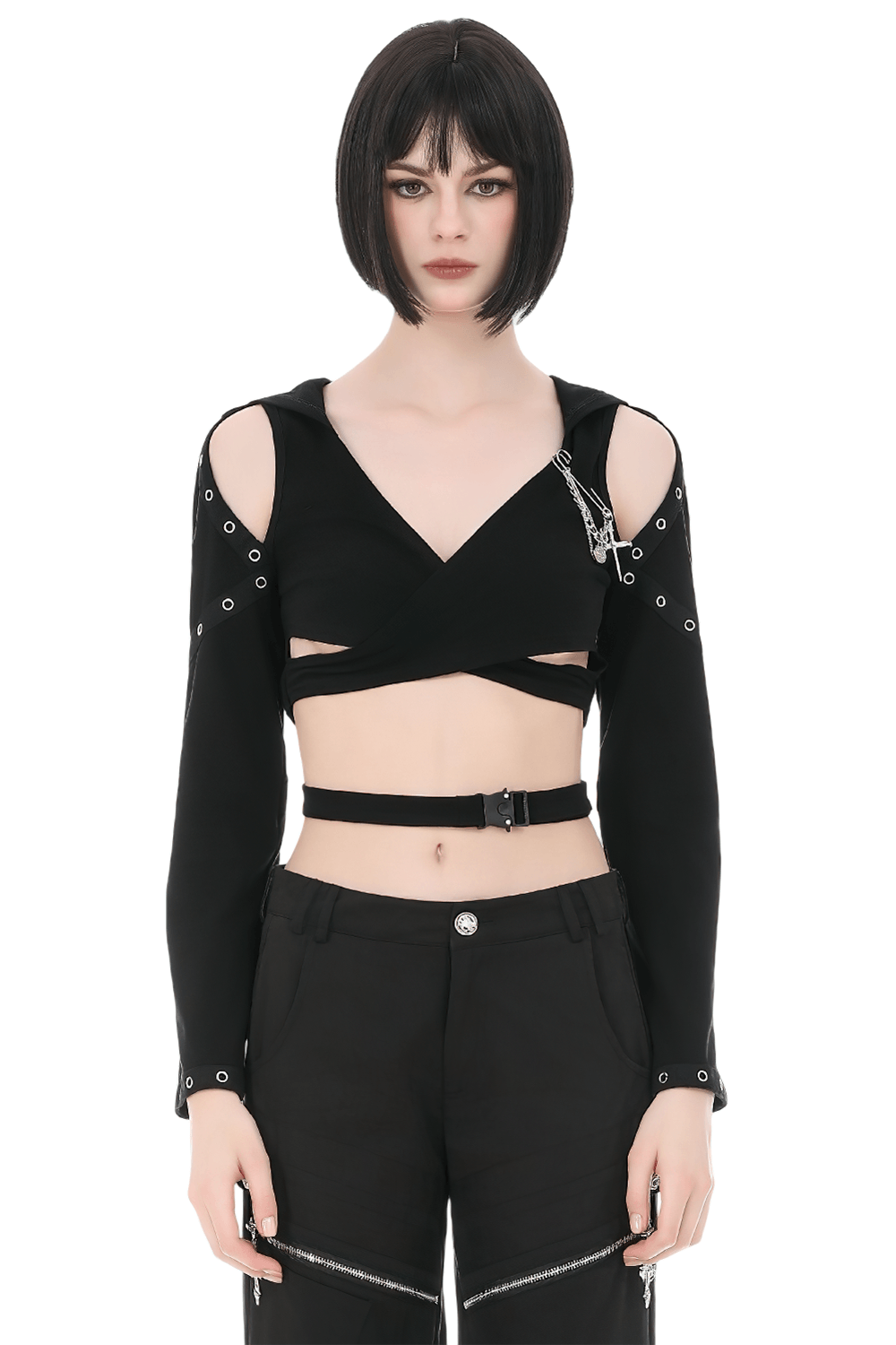 Female Gothic Hooded Crop Top with Chain and Buckle Detail displayed on a model, featuring an oversized hood.