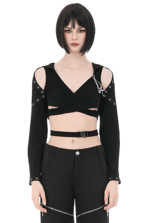 Damen Gothic Kapuzen-Crop-Top mit Ketten- und Schnallendetails