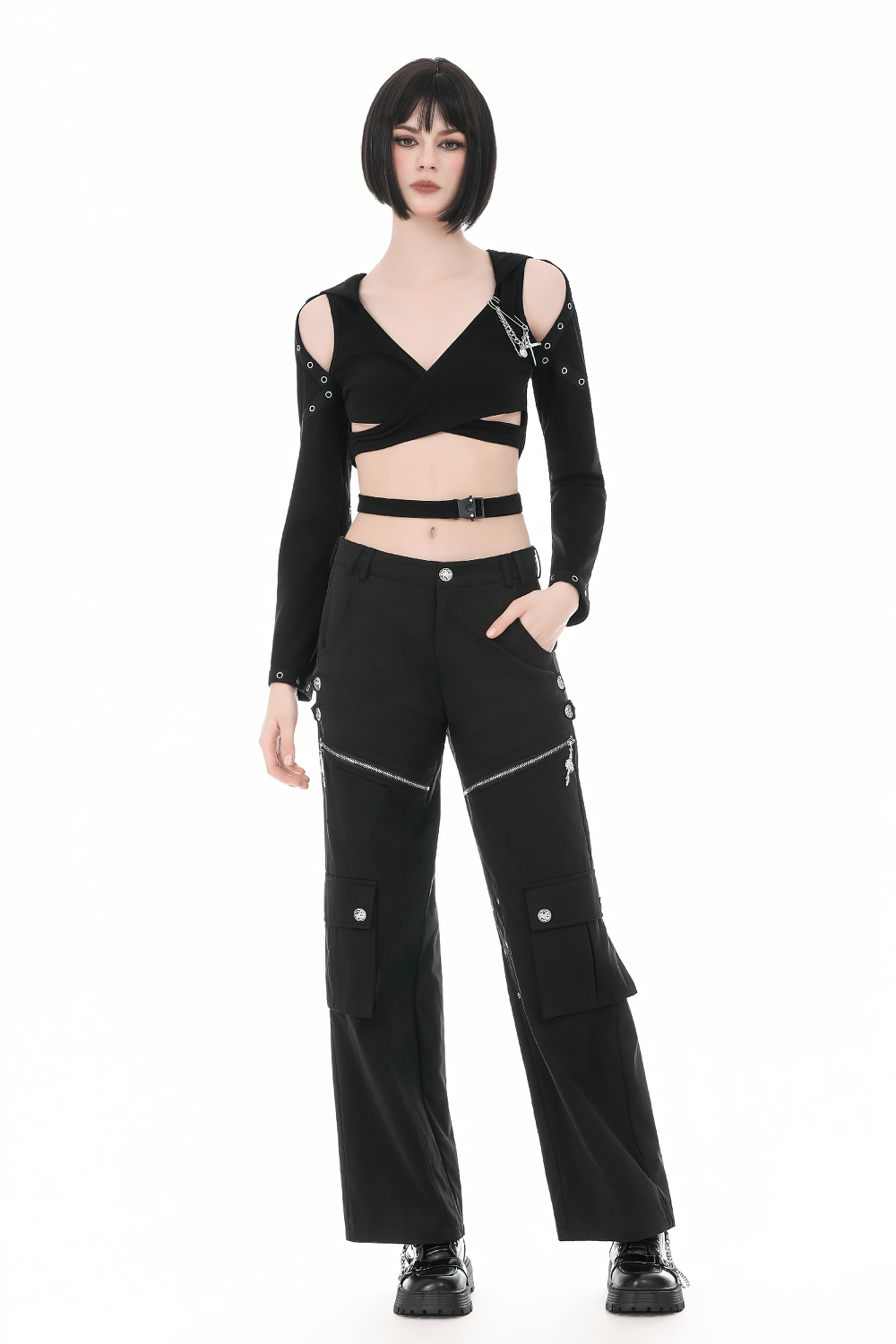 Female Gothic Hooded Crop Top with Chain and Buckle Detail worn with stylish black cargo pants.