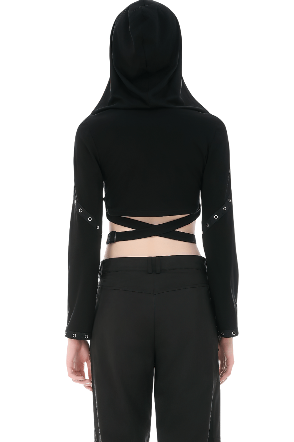 Back view of Female Gothic Hooded Crop Top with Chain and Buckle Detail showcasing its oversized hood and eyelet accents.