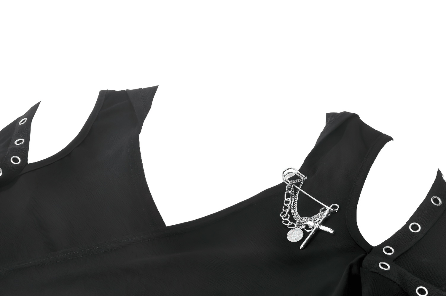 Female Gothic Hooded Crop Top with Chain and Buckle Detail featuring eyelet accents and a chain accessory.