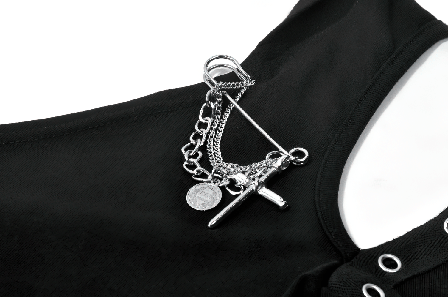 Female Gothic Hooded Crop Top with Chain and Buckle Detail featuring silver chain accents and oversized hood.