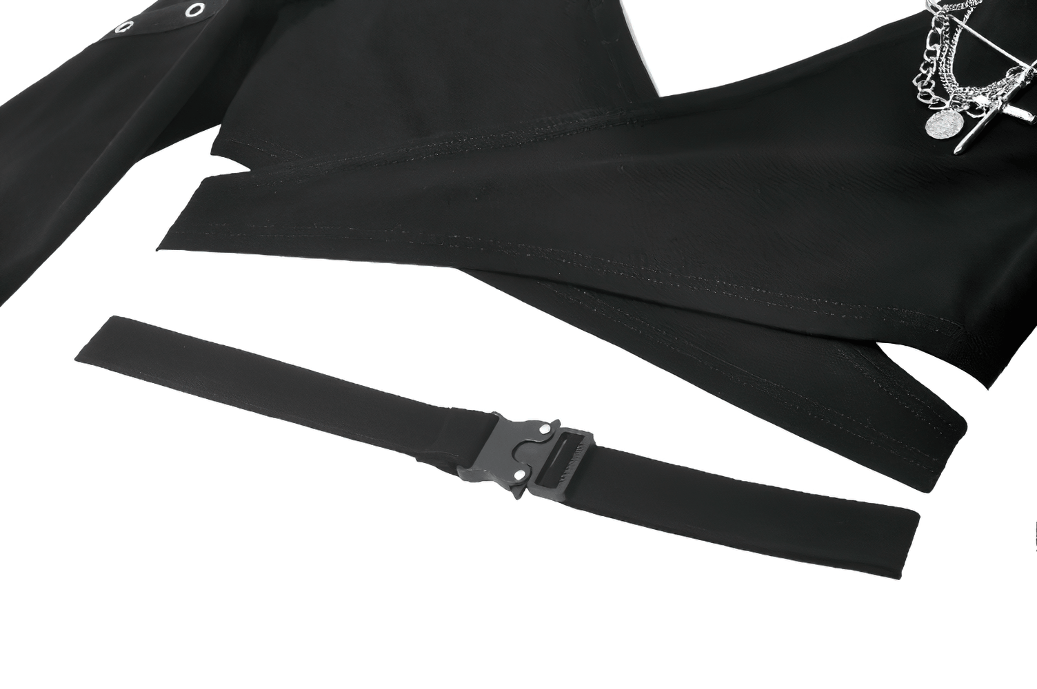 Female Gothic Hooded Crop Top with Chain and Buckle Detail showing chains and adjustable buckle strap