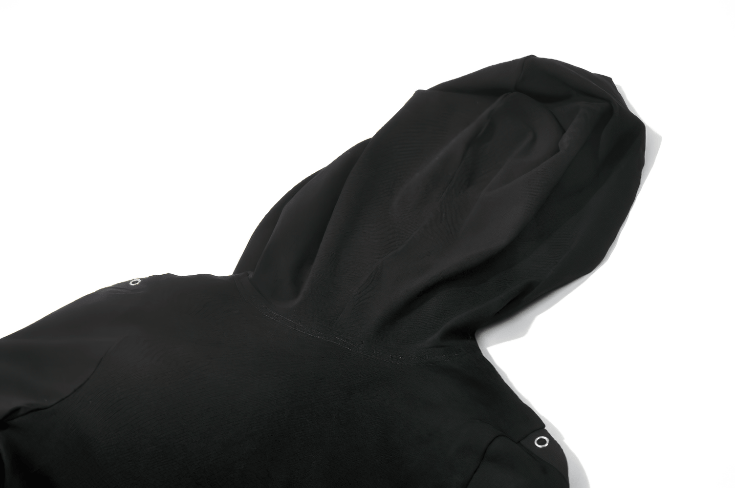 Female Gothic Hooded Crop Top with Chain and Buckle Detail close-up of oversized hood and eyelet details.