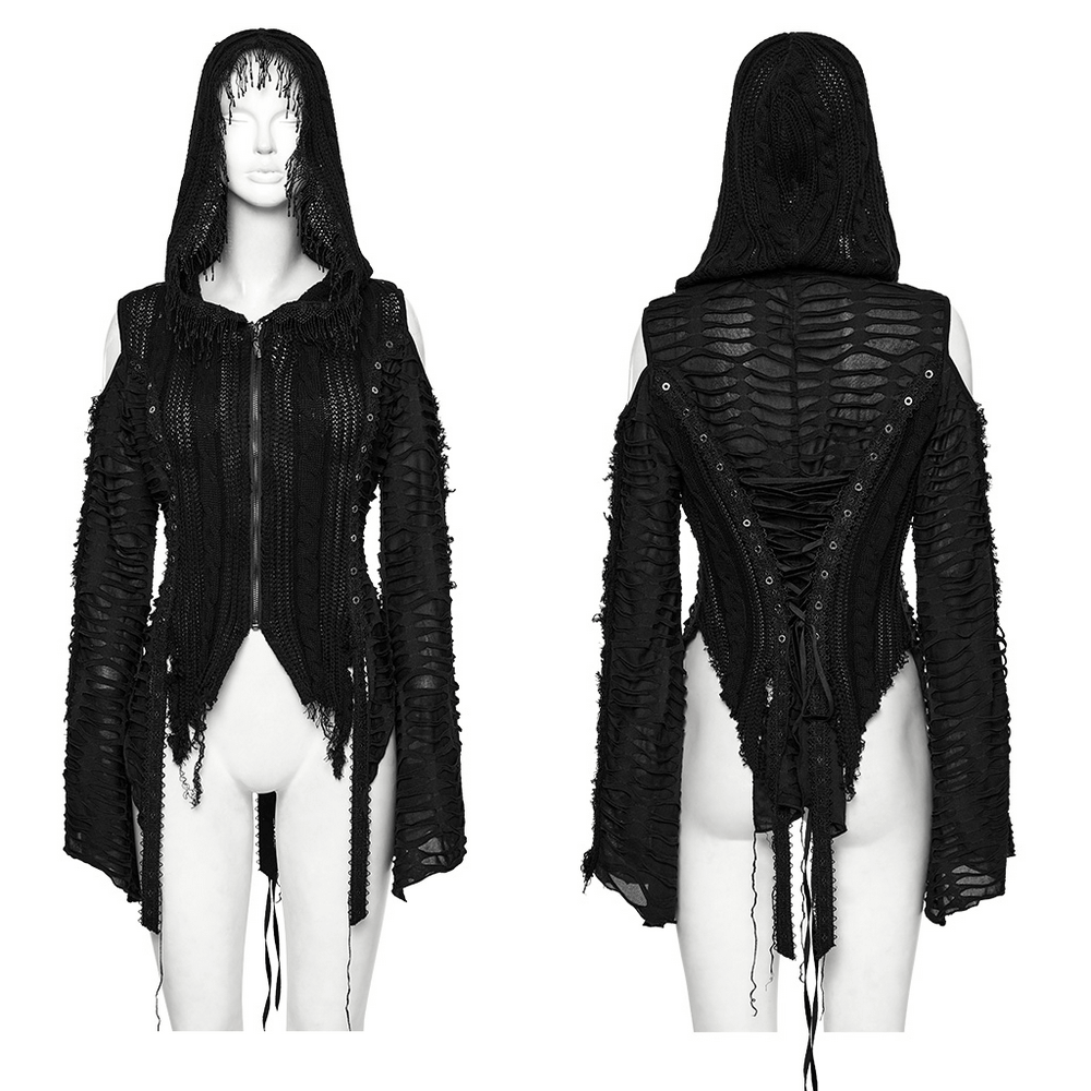 Black gothic hooded jacket with cold shoulder, tassels, and adjustable back design, showcasing edgy style.