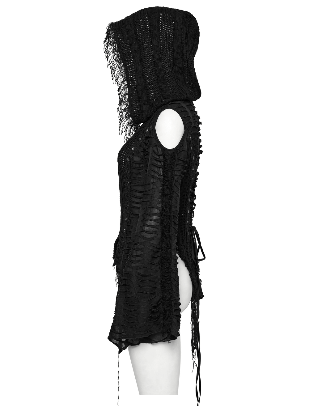 Side view of a female gothic hooded knit jacket with tassels, featuring a cold shoulder design and edgy tattered fabric.