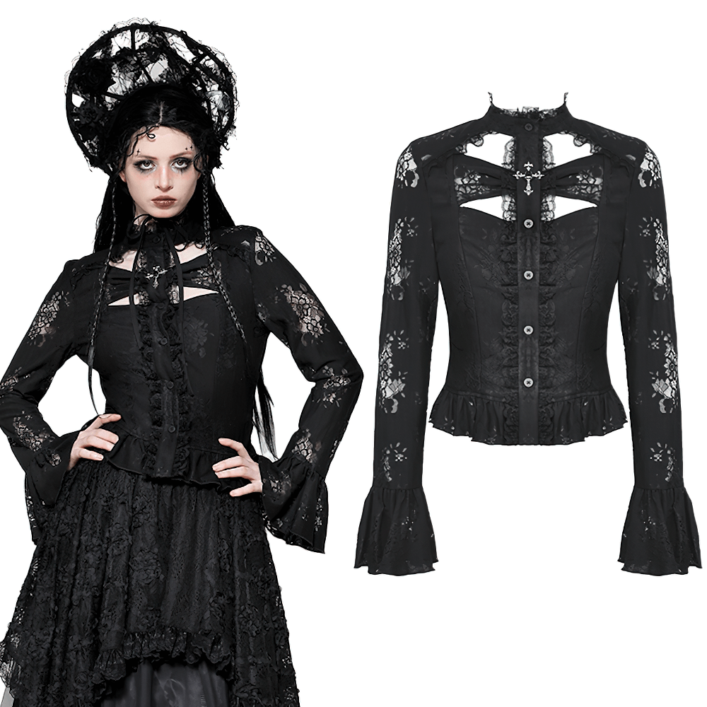 Female model in a black lace gothic blouse with cross cutouts and bell sleeves, showcasing a dark, mysterious style.