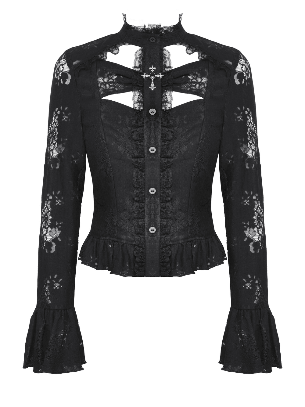 Women's black gothic lace blouse with cross cutouts, bell sleeves, and ruffled hem for a dark, stylish look.