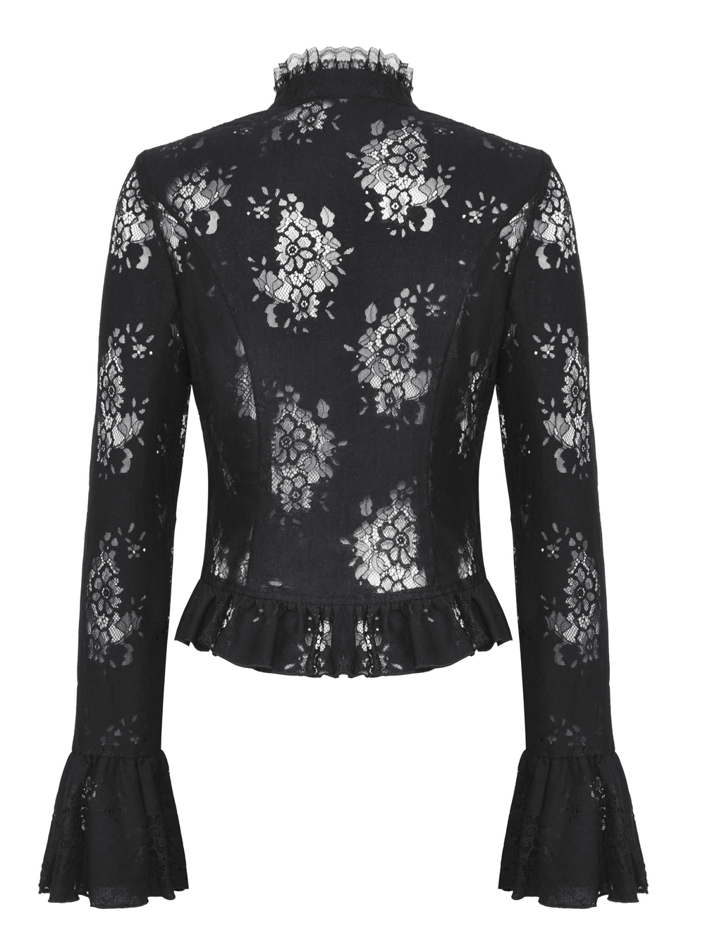 Back view of a female gothic lace blouse in black, featuring floral patterns, bell sleeves, and a ruffled hem.