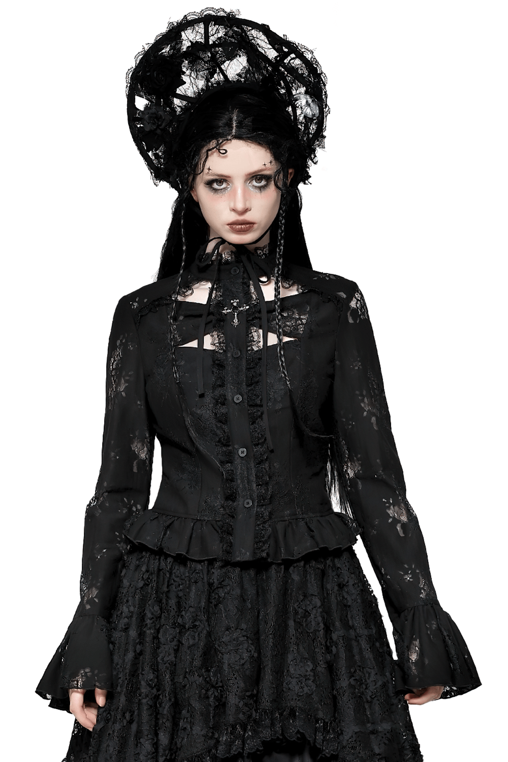 Black Gothic lace blouse with cross cutouts, bell sleeves, and ruffled hem, styled for a dark and mysterious look.