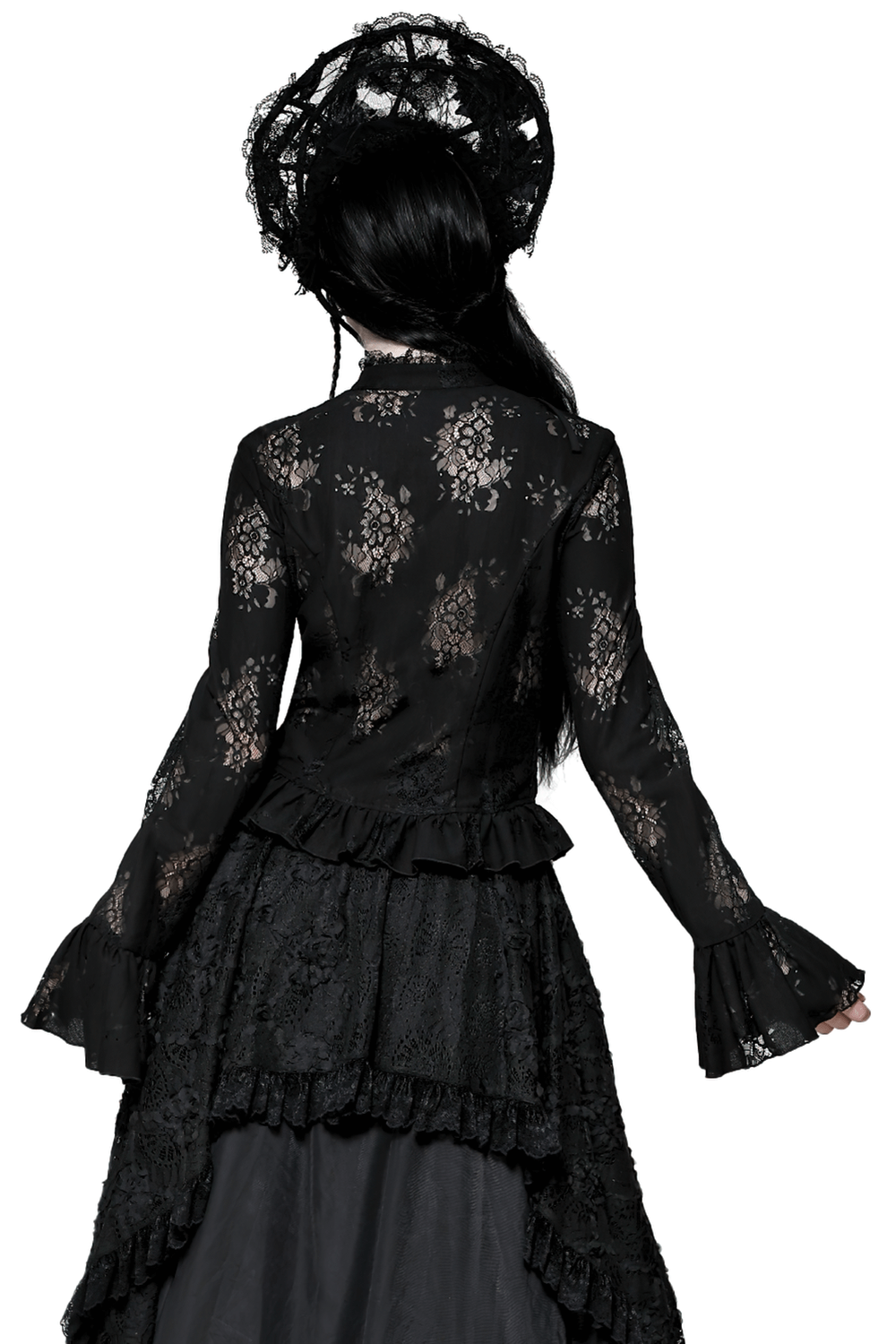 Back view of a female in a black gothic lace blouse with bell sleeves and ruffled hem, showcasing intricate lace design.