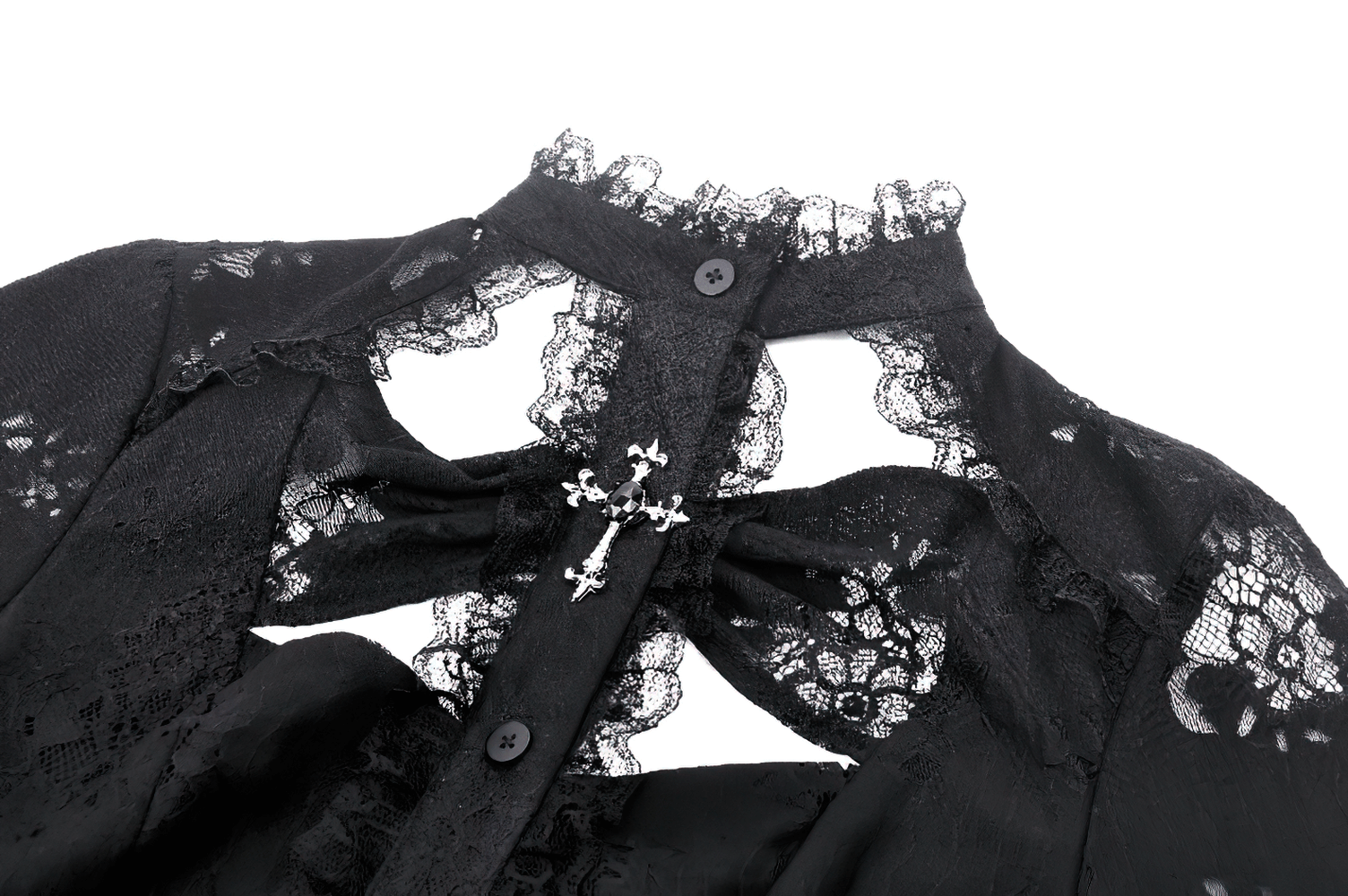 Female Gothic lace blouse with cross detail and cutouts, showcasing elegant bell sleeves and ruffled hem. Perfect for a dark style.