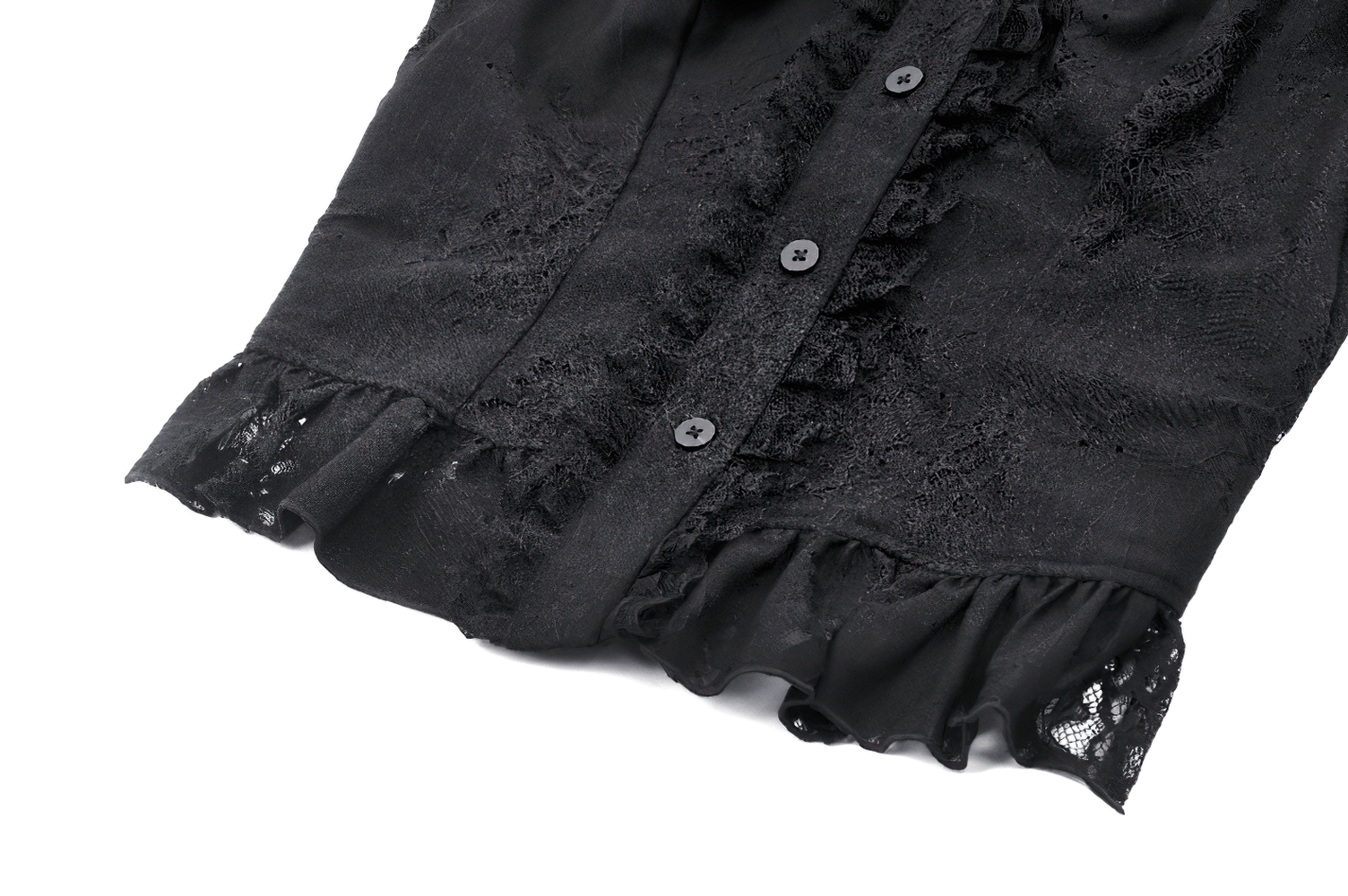 Black lace blouse with ruffled hem, buttons, and gothic detailing, perfect for a mysterious and stylish outfit.