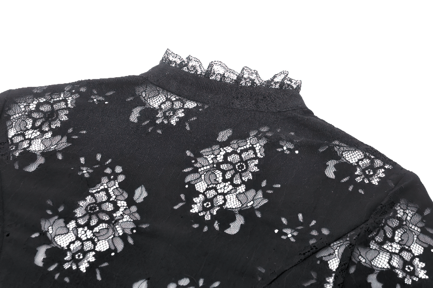 Black lace blouse with intricate floral design and ruffled neckline, perfect for a gothic style outfit.