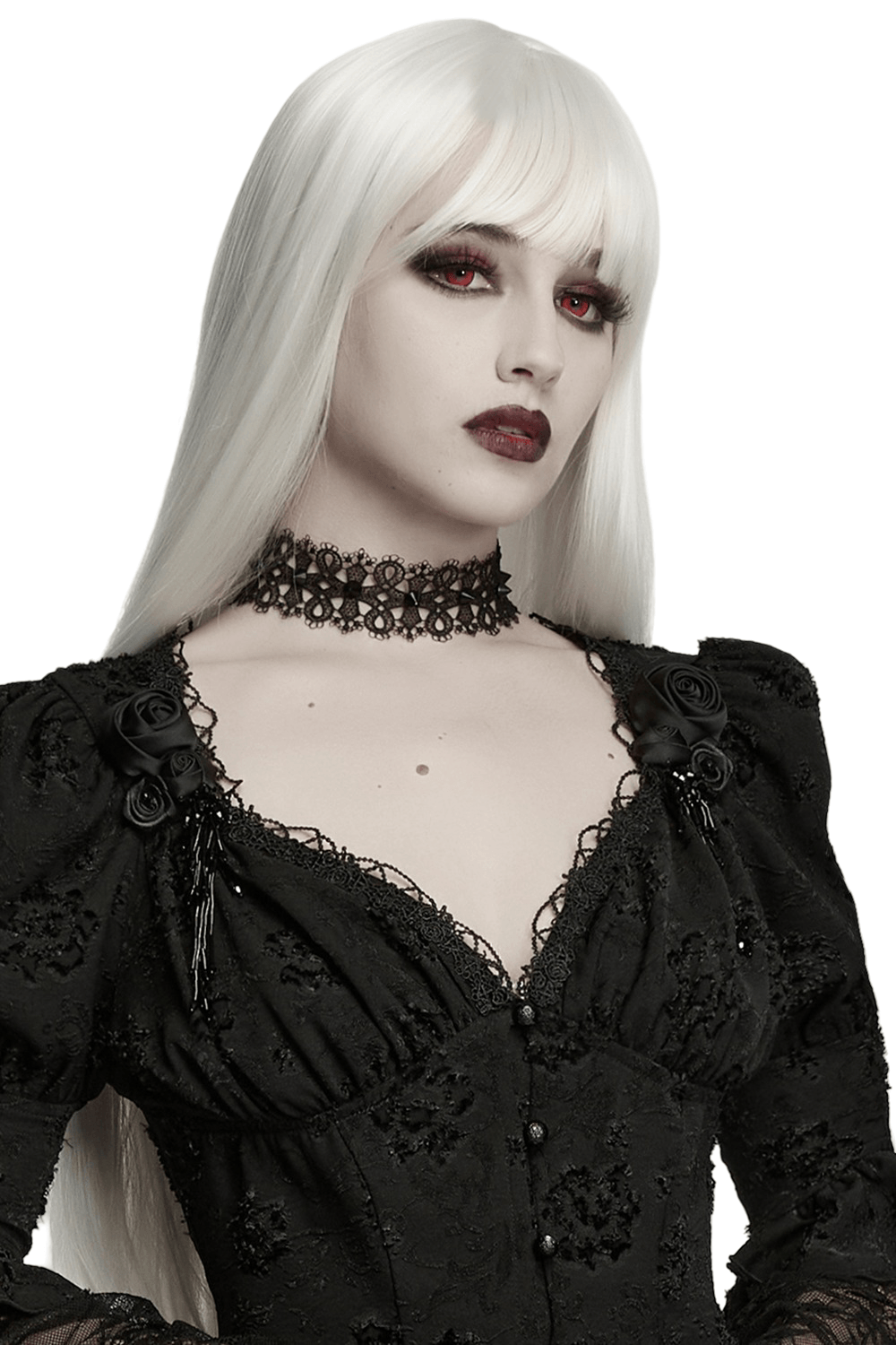 Female Gothic Lace Choker with Black Spike Stud showcased with elegant style and dark romantic flair.