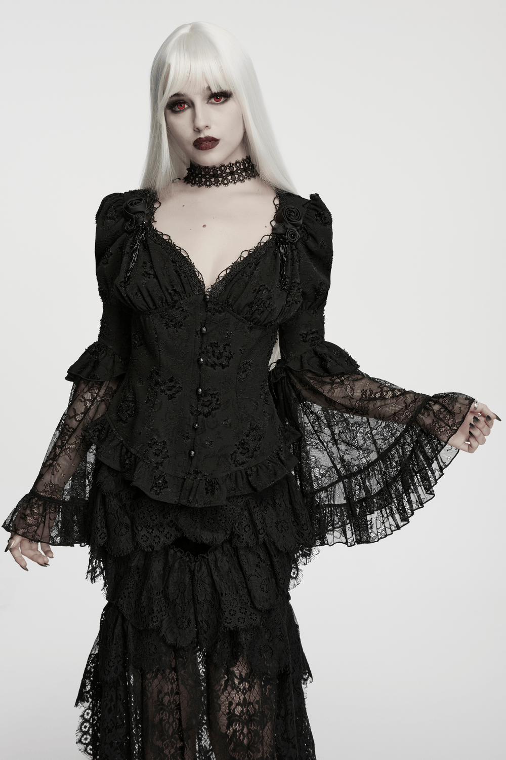 Female Gothic Lace Choker with Black Spike Stud worn with a dramatic black lace outfit featuring layered ruffles.