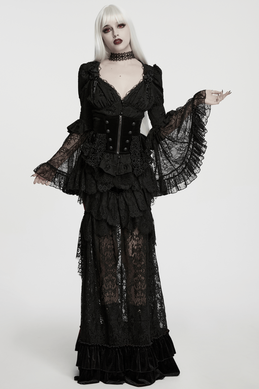 Female Gothic Lace Choker with Black Spike Stud accentuated by a stunning dark lace gown featuring ruffled details and bell sleeves.