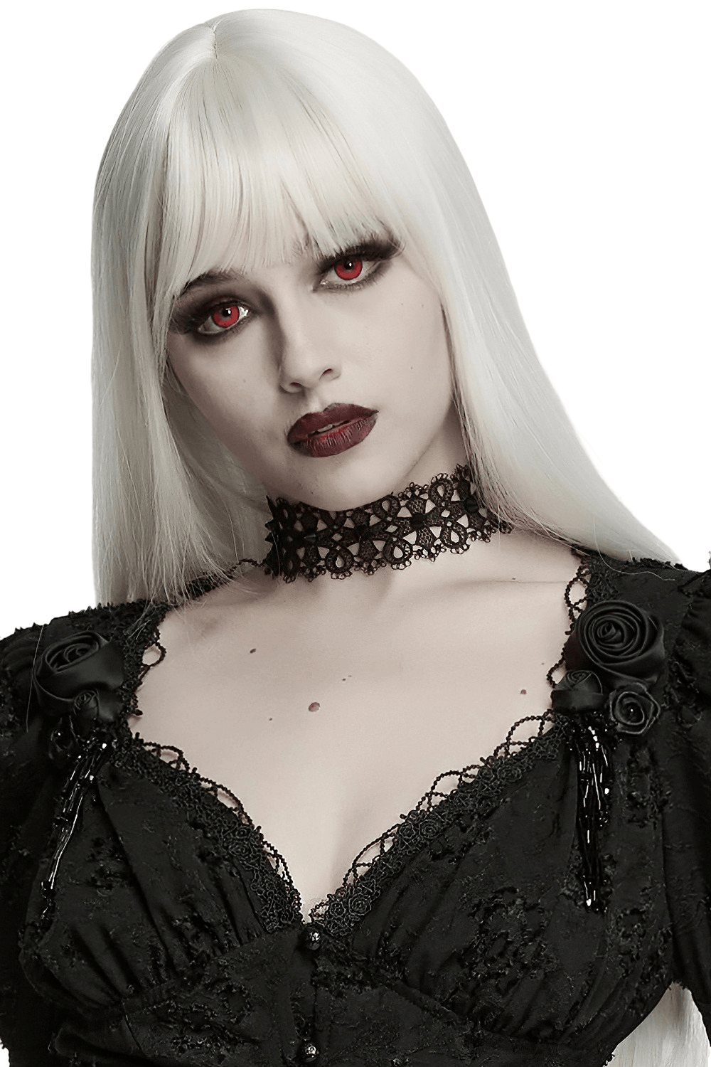 Female Gothic Lace Choker with Black Spike Stud worn by a model with pale hair and dramatic look.