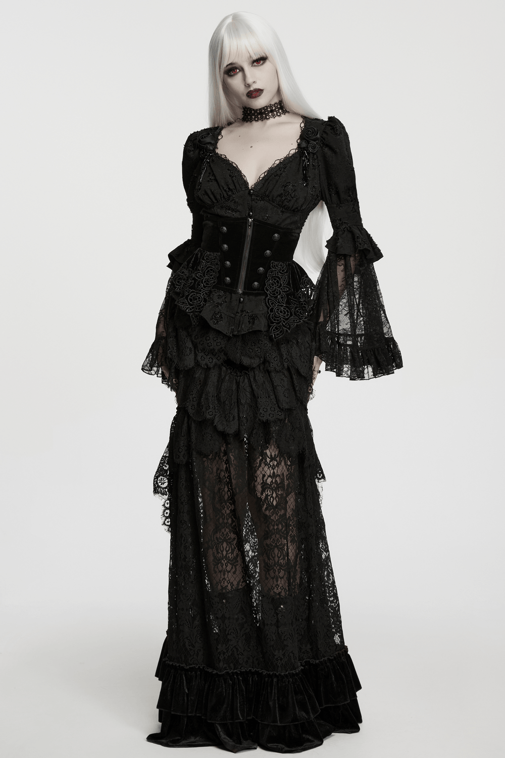 Female Gothic Lace Choker with Black Spike Stud styled with elegant black lace dress and dramatic makeup.
