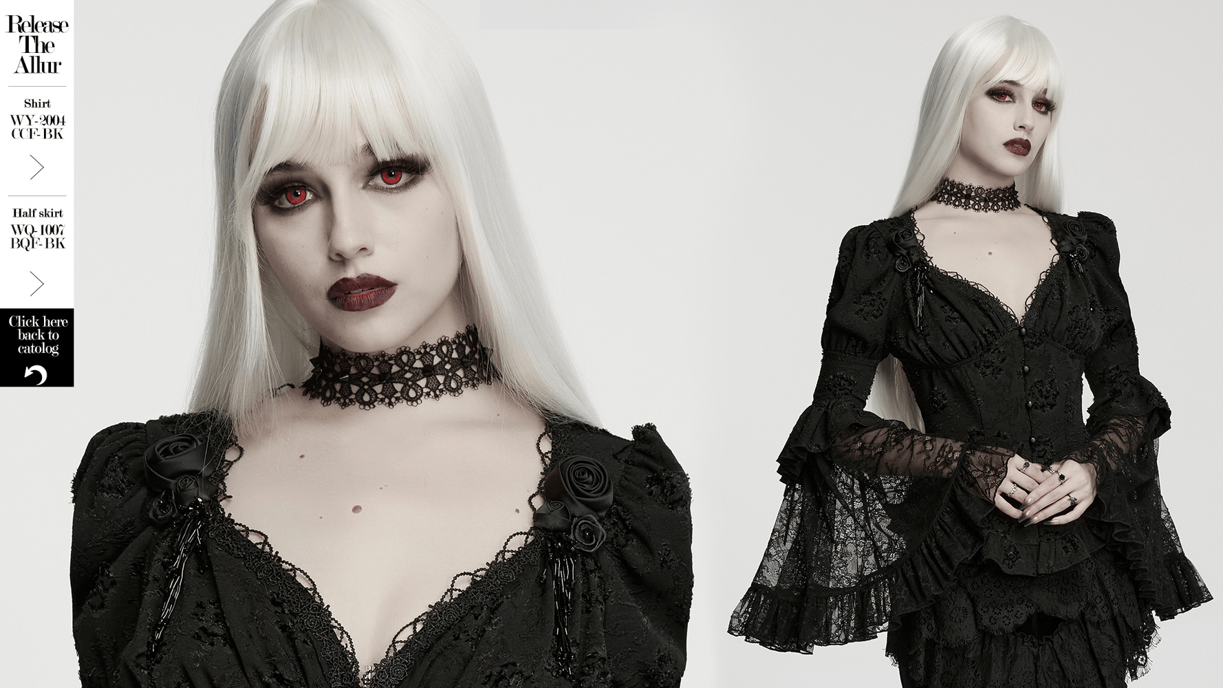 Female Gothic Lace Choker with Black Spike Stud worn with a vintage black dress, showcasing dark romantic style.