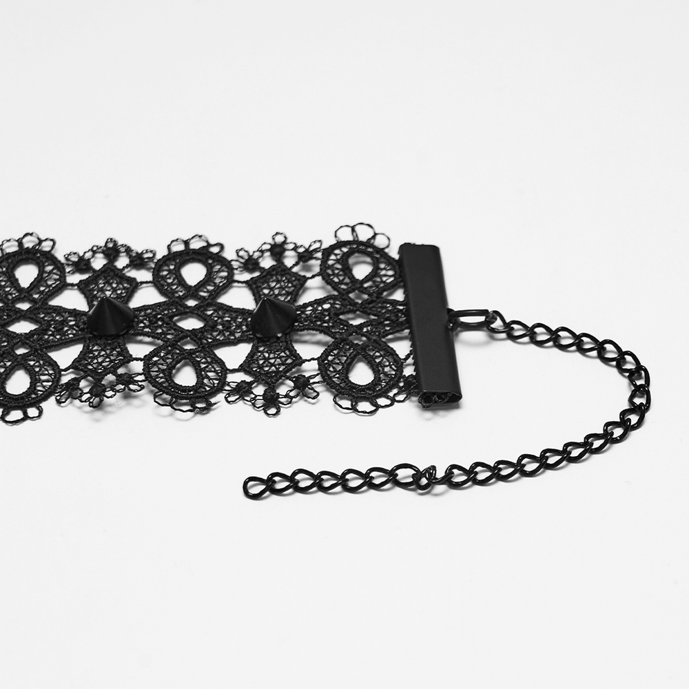 Female Gothic Lace Choker with Black Spike Stud featuring intricate cross lace design and edgy black spike accents.
