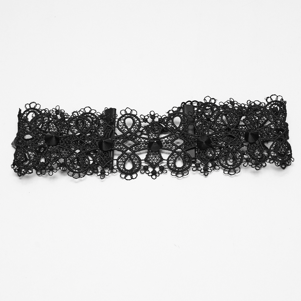 Female Gothic Lace Choker with Black Spike Stud featuring elegant black lace and vintage openwork design.