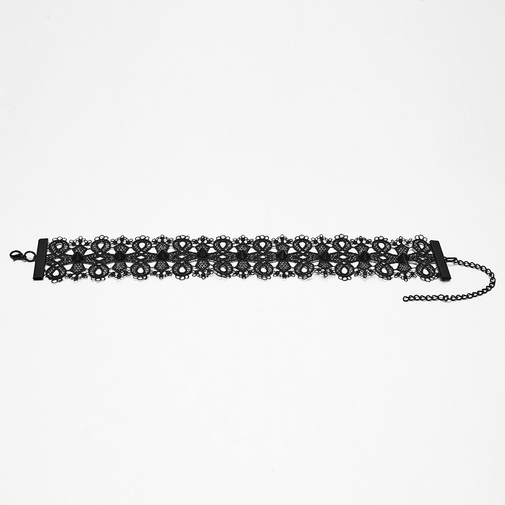 Female Gothic Lace Choker with Black Spike Stud displaying intricate lace and dramatic design for a vintage look.