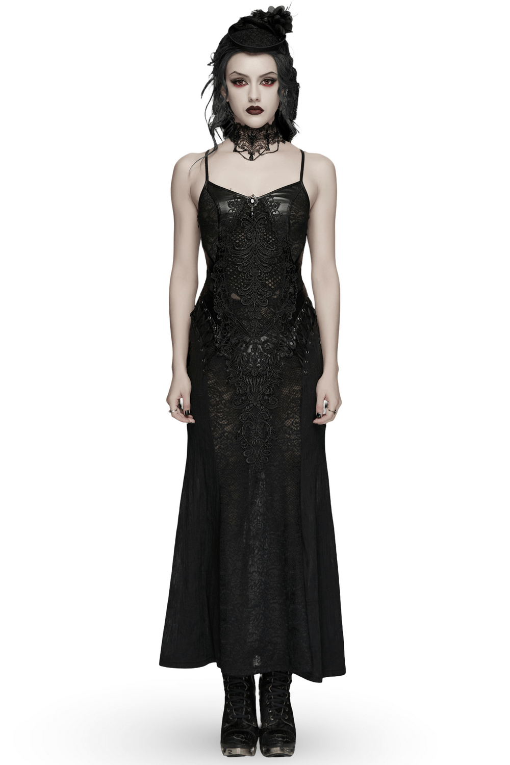 Female Gothic Lace Mesh Slip Dress with Lace Up Back on model showcasing dark elegance and intricate lace details.