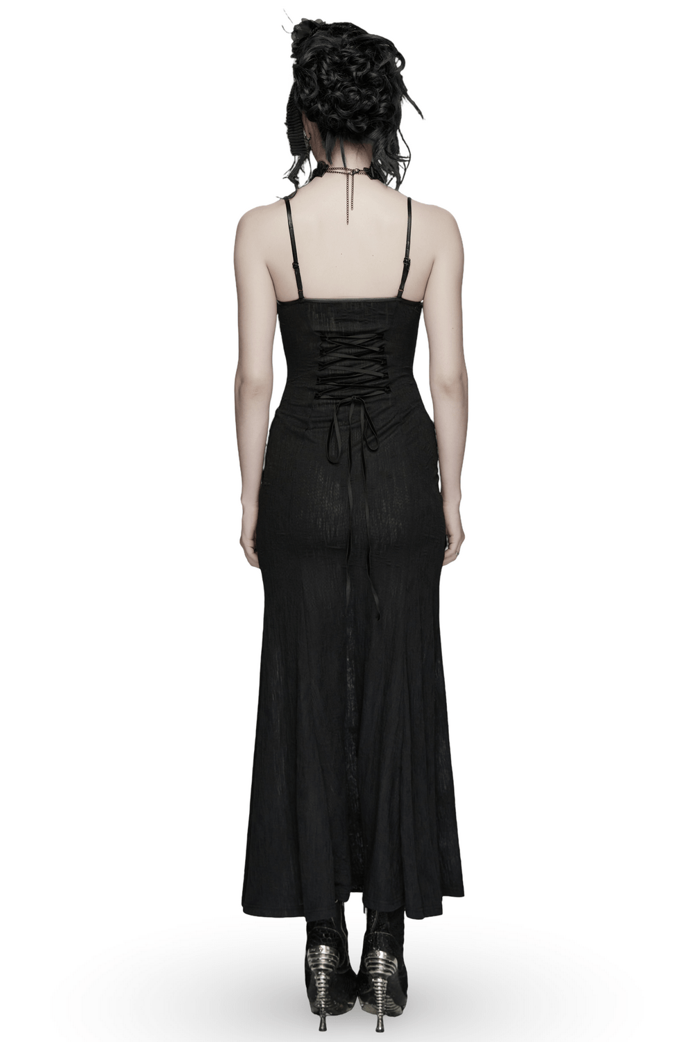 Female Gothic Lace Mesh Slip Dress with Lace Up Back, showcasing the intricate lace-up back detail.