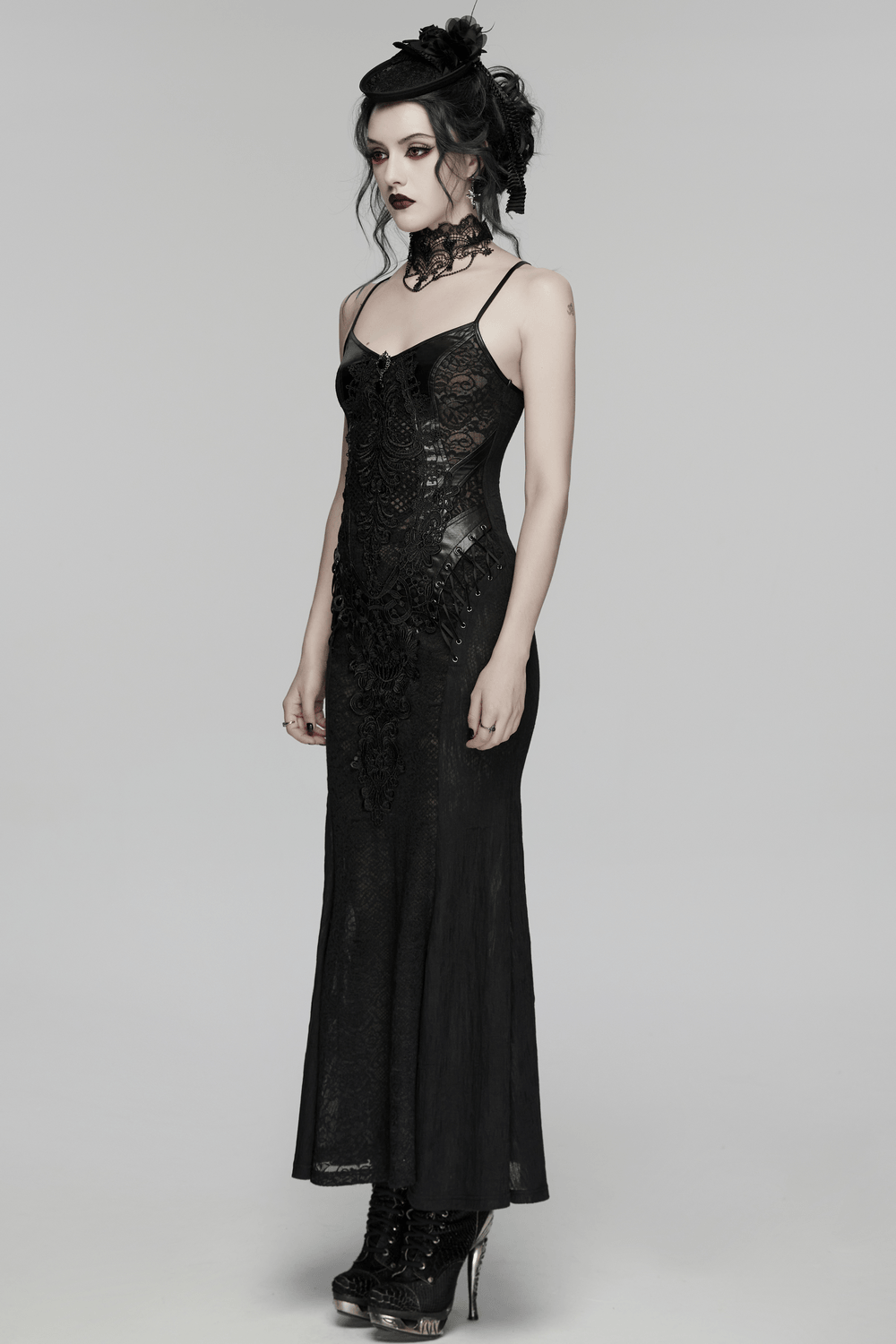 Female Gothic Lace Mesh Slip Dress with Lace Up Back, showcasing dark allure and intricate lace details.