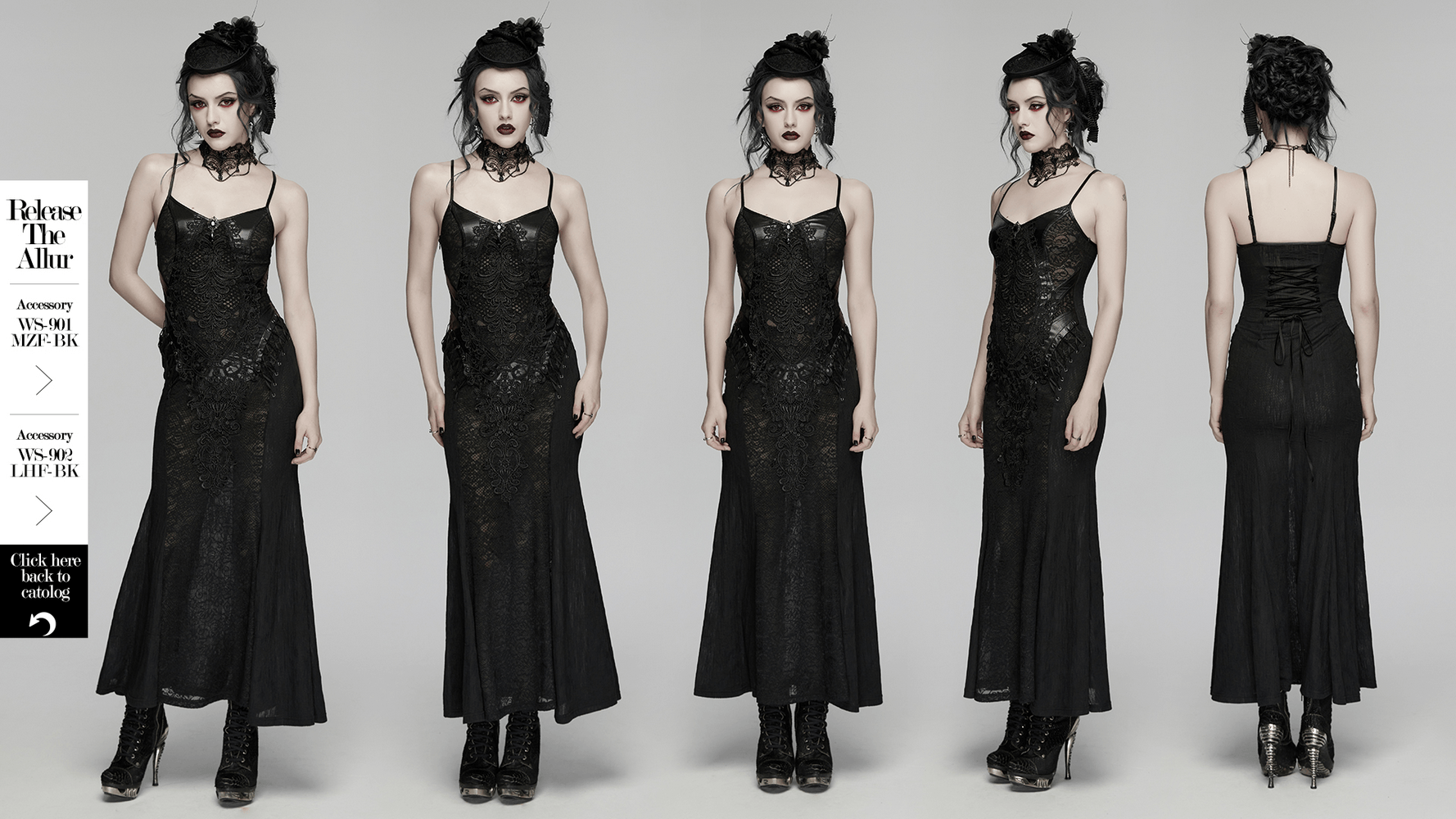 Female Gothic Lace Mesh Slip Dress with Lace Up Back showcased from multiple angles on a model.