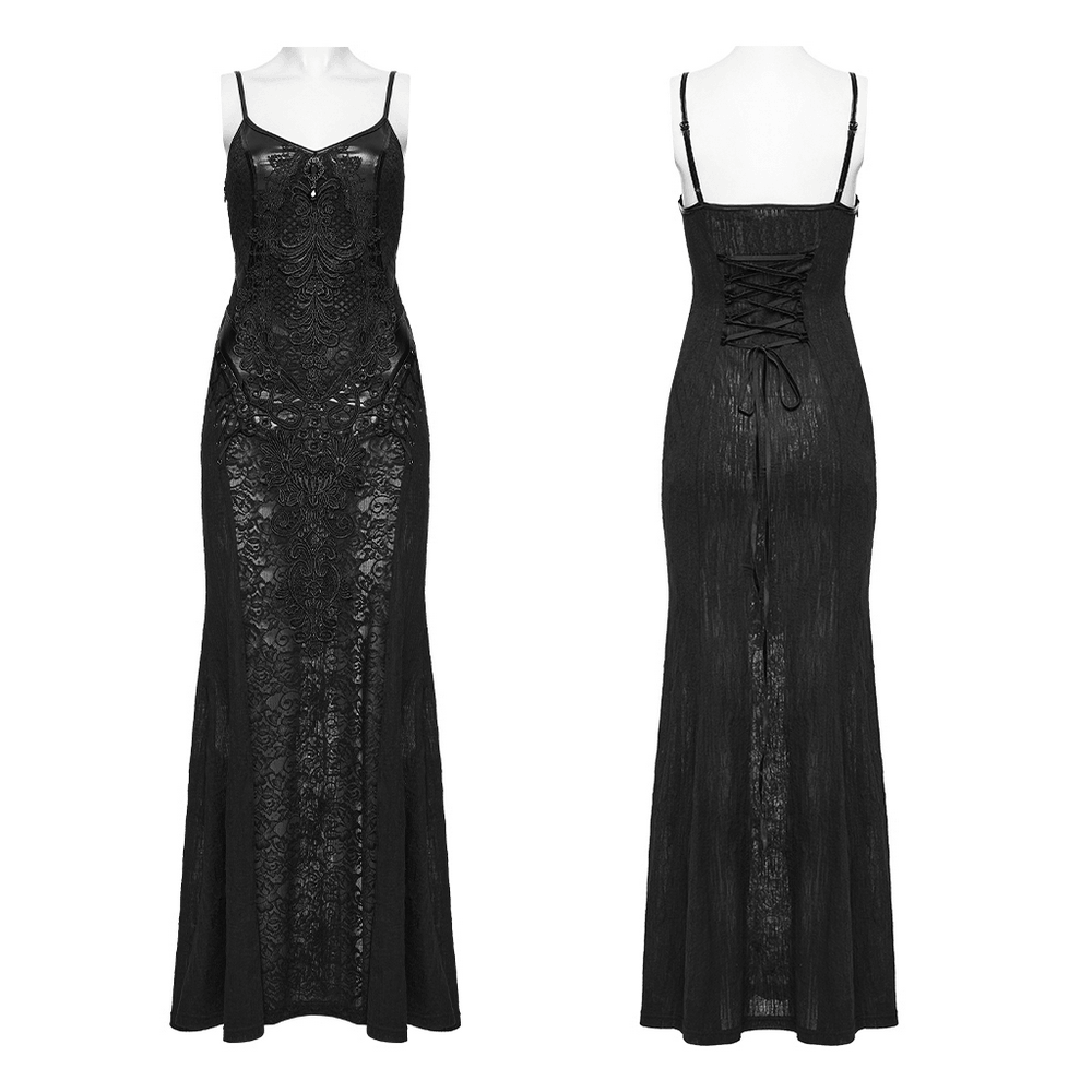 Female Gothic Lace Mesh Slip Dress with Lace Up Back featuring intricate lace panels and a seductive silhouette.