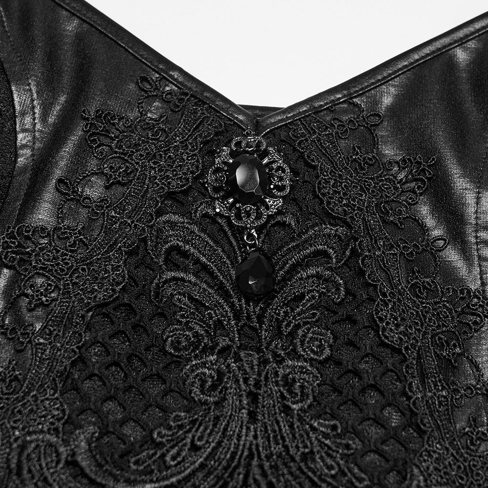 Female Gothic Lace Mesh Slip Dress with Lace Up Back showcasing lace and jewel details for dramatic elegance.