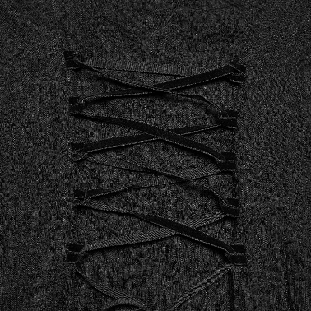 Female Gothic Lace Mesh Slip Dress with Lace Up Back detailing showing lace-up back design.