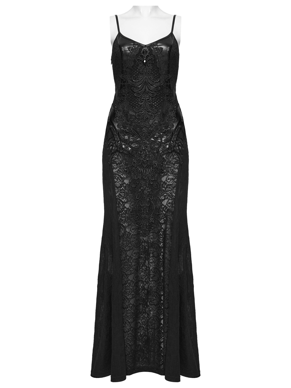 Female Gothic Lace Mesh Slip Dress with Lace Up Back showcasing intricate lace panels and a sultry silhouette.